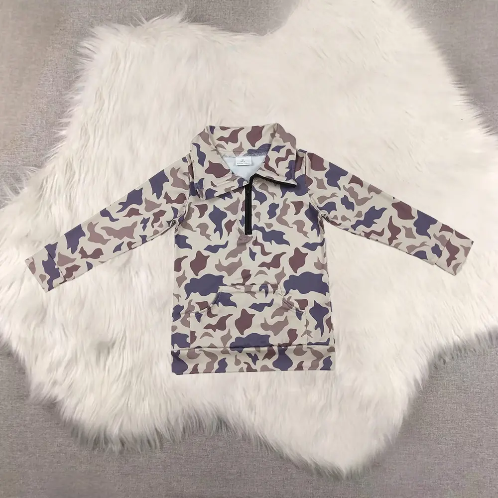 New Clothes Kids Zip Pullover Long Sleeves Khaki Camo Pocket Zipper Front Casual Fashionable Sweatshirt for Children