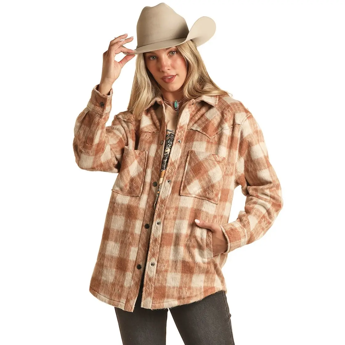 Rock & Roll Denim Ladies Plaid Western Cream Shacket BWN2C02111