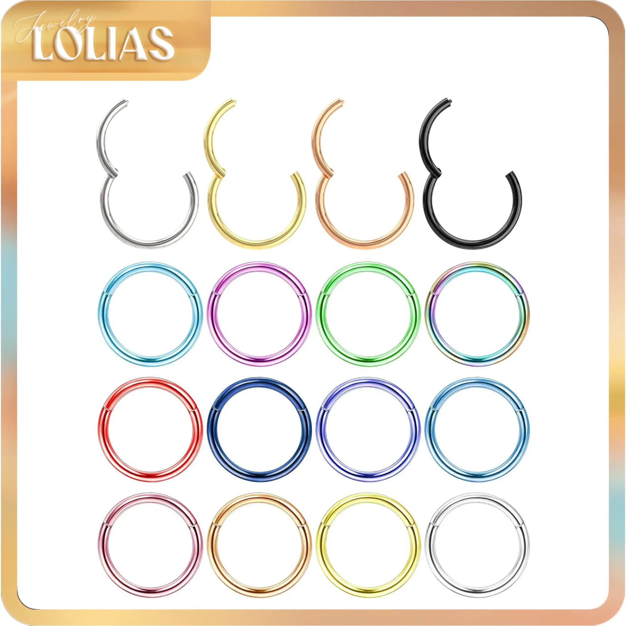 LOLIAS Multi-Size 16G-18G Hypoallergenic Surgical Steel Unisex Hinged Nose Ring - Circular Clicker Septum Piercing Jewelry, Argolla Style for Casual Wear, Nostril Helix Cartilage Rook Earrings & Lip Rings