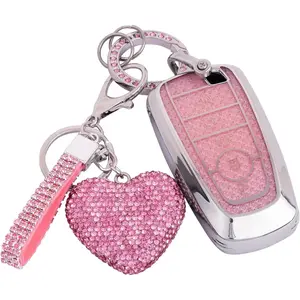 for Ford key fob cover with Diamond Bling Keychain, Car Accessories Shell for Explorer Fusion Escape Edge Expedition Bronco F150 F250 F350 F450 F550 Maverick Mustan,Silver Pink