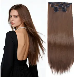 24 Inches Straight Clip in Hair Extensions 6Pieces Heat Resistant Synthetic Fiber Full Head Clip in Hair Extension for Women Dark Brown DIY Hairpieces full head coverage clip-in extension holiday use