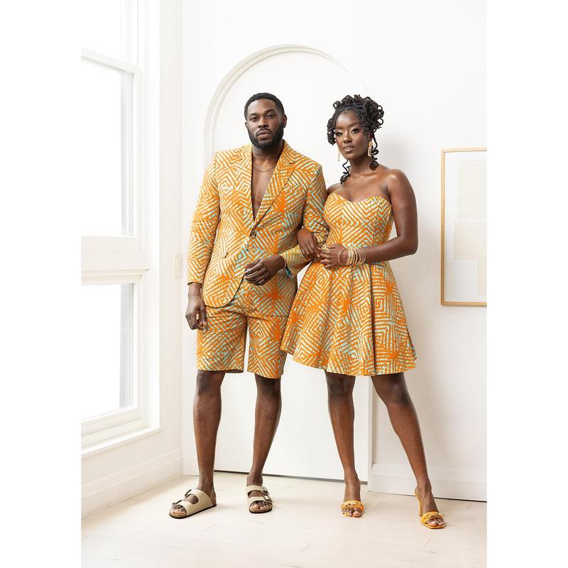 Hami Men's African Print Lightweight Blazer (Orange Blue Adire)