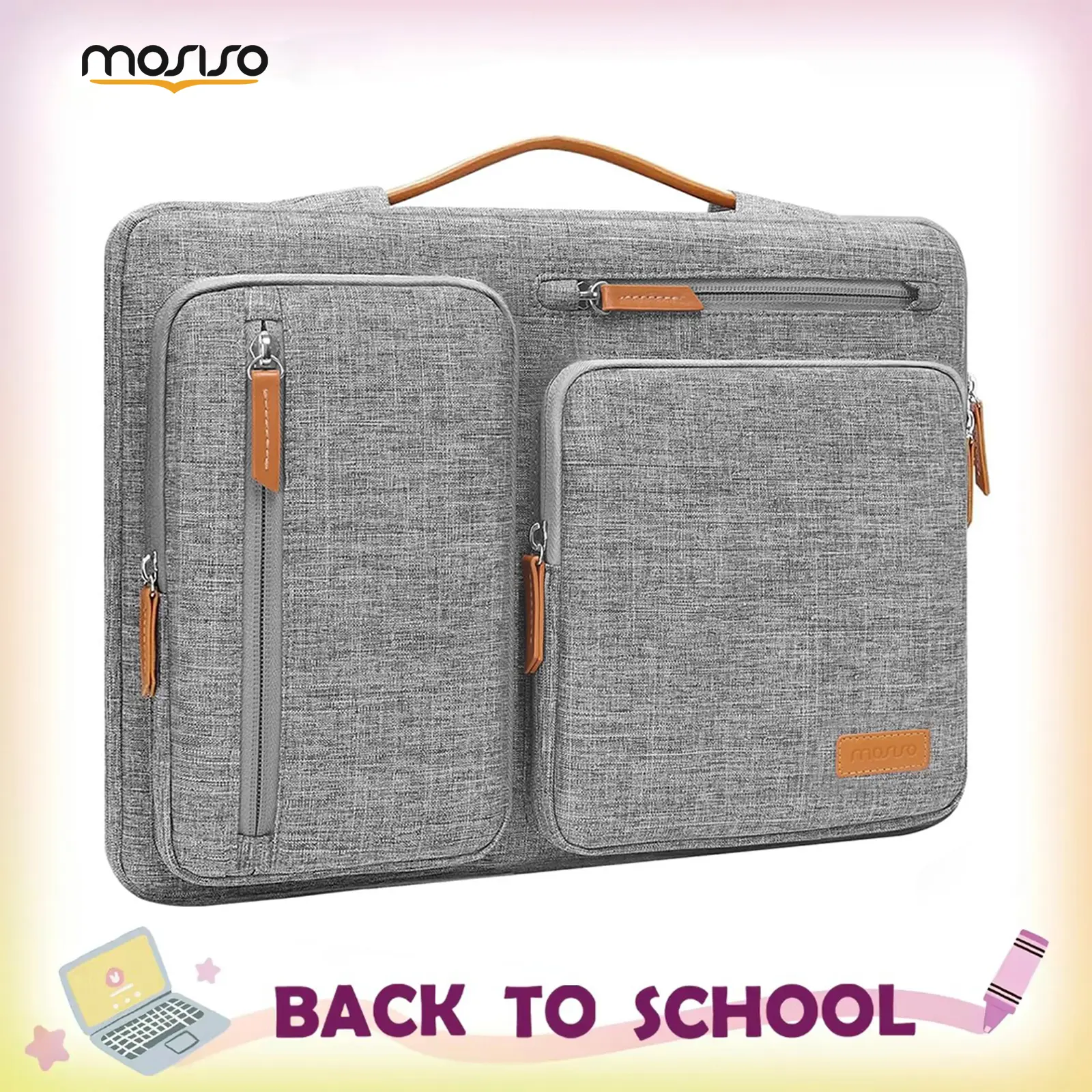 MOSISO 13–17.3 inch 360° Protective Laptop Handbag,shoulder bag | Slim Messenger Case with 4 Zipper Pockets, PU Handle & Adjustable Strap | Side Opening, Shockproof Padding, Trolley Belt | For Office, Business Trip, Daily Commute/Messenger Carry