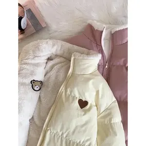 Cute Embroidery Women Parkas Coat Winter Thick Hairy Korean Loose Warm Jacket Double Sided Design Pink Student Clothes