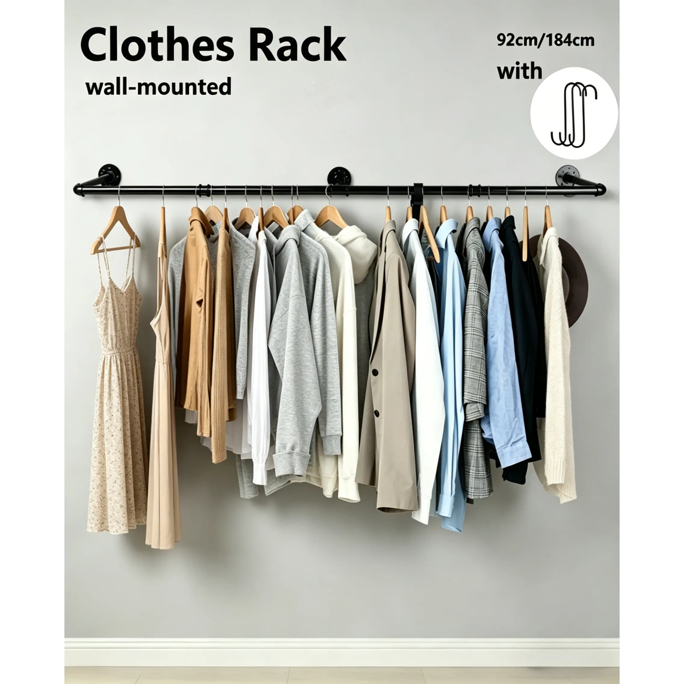 [HUOMAQFAN] Heavy-Duty Wall-Mount Metal Industrial Pipe Clothing Rack Organizer, 72/36in Garment Hanging Rod, Easy-Install Hooks & Shelves for Home Room Storage Supplies
