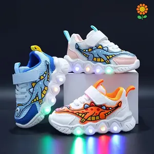 DZP-Kidss Cartoon Dinosaur Light-Up Sneakers, Breathable Mesh Fabric, PVC Sole, EVA Insole, Low Top Round Toe, with Glitter & Splicing Design, for Boys & Girls, All-Season Casual Sports Shoes, Ages 1-6, Running Sneakers for Youngsters | carto