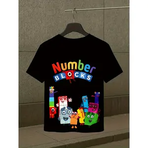 Number Blocks T-Shirt with Red, Orange, Yellow, Green & Blue Learning Letters - Short Sleeve Round Neck Casual Top for Kids, Educational Playwear, Machine Washable (3-13Y)