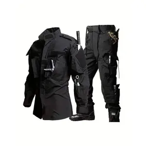 Men's Lightweight Tactical ACU Suit - Black, Durable Polyester Outdoor Camouflage Hunting & Training Gear with Multiple Pockets, Long-Sleeve Jacket & Cargo Pants for Hiking & Combat, Hiking Outfit|   Rugged Outdoor Wear|   Durable Fabric