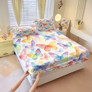 3Pcs Watercolor Butterfly Print Fitted Sheet Set, Dreamy Gradient, Realistic Butterflies, Soft Bedding Sets, Soft Breathable Non-slip Fixed Bedding Set, for Girly Butterfly Lovers Bedroom, Rental House, Home Decor
