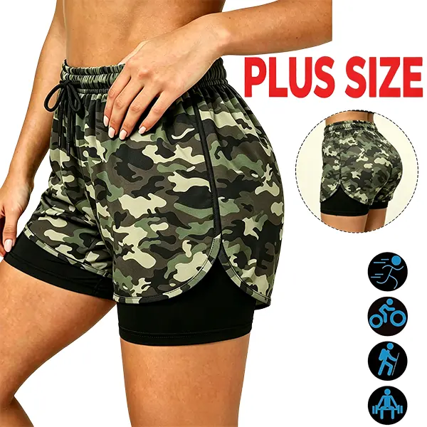 Women's Plus Size Sporty Chic 2-in-1 Stretch Support Athletic Camo Shorts - Quick Dry, Breathable, Anti-Exposure Lining, Anti-Chafe Design, Plus Size Clothes, Women's Clothing, Curvy Clothing for Female Running, Fitness, Camo Print, Quick-Dry Women's Spor