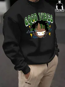 【Plus Size】 Letter & Cartoon Print Drop Shoulder Sweatshirt, Casual Regular Fit Long Sleeve Round Neck Pullover for Fall & Winter, Men's Clothes for Daily Wear