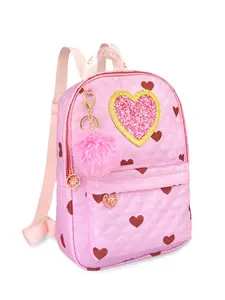 Rhombus Quilted Heart Backpack, Lightweight Casual Style, Sparkly Heart Patches, Daily Commute School Bag, Plush Charm