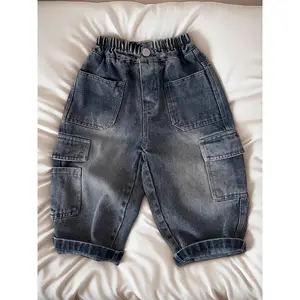 Boys' Vintage Distressed Workwear Pants - Elastic Waistbellies (No Belt), Multi-Pocket Cargo Trousers, Machine-Washable Loose Fit for, Outdoor Play & Casual Attire - & Kids Clothing (Bulk)