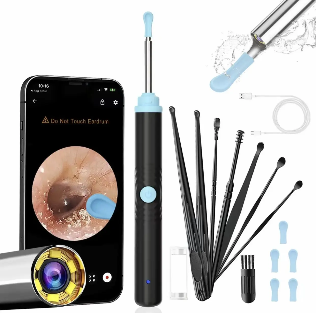 Wax Removal Tool for Ear - Spade Ear Canal Cleaner with Camera 1080P Earscope, Wax Remove Ear Picker with Vari Replacement Tips, Camera with 6LED Light for Ear/Nose/Throat Examination, Black