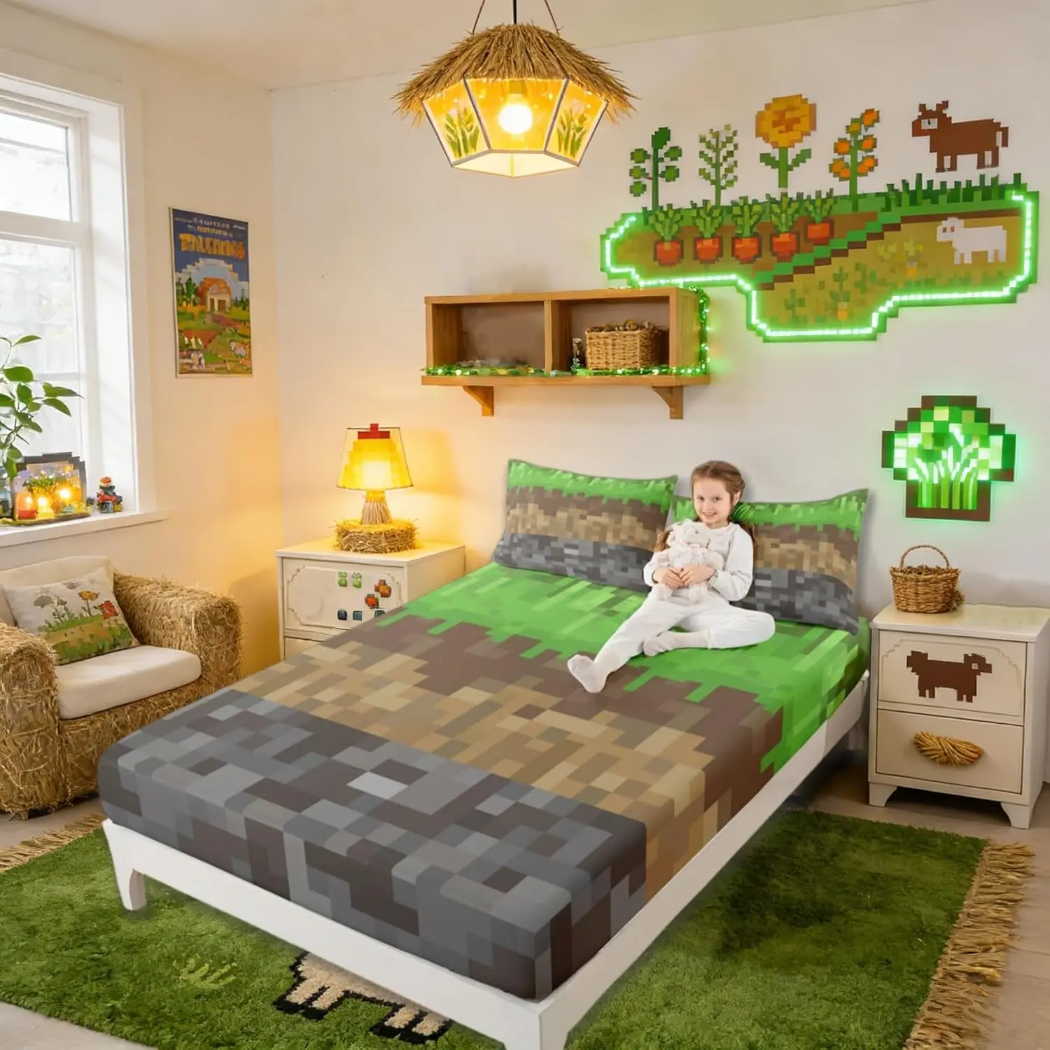 Feelyou Microfibre Miners Pixel Check Print Full Bedding Set - Bedsheets with All-Around Elastic Fitted Sheet (No Flat Sheet), Gray Green Brown, Gamepad Cartoon Room Decor, Machine Washable, Decorative Bedsheet Sets