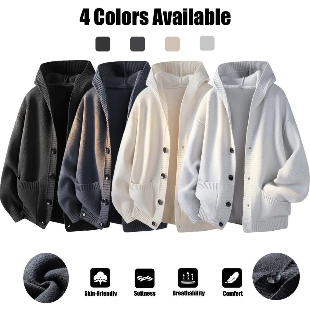 Men’s Plain Stylish Long-Sleeve Hooded Knit Cardigan Jacket - Japanese Relaxed Casual Design, Drop-Shoulder Loose Silhouette, Button-Front, Side Pockets, Autumn/Winter Urban Commuting & Everyday Wear Menswear Knitwear