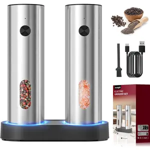 Electric Salt and Pepper Grinder Set: Automatic Rechargeable Salt and Pepper Shakers with USB Charging Base, Adjustable Coarseness, 110ml Large Capacity, Stainless Steel Pepper Grinder for Kitchen
