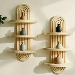 Boho Style Multi-Layer Wooden Wall Shelves - Space-saving curved tiered storage shelves with natural beige finish for bathrooms, living rooms, bedrooms, kitchens - Modern farmhouse décor in light wood tones, multifunctional home décor storage racks