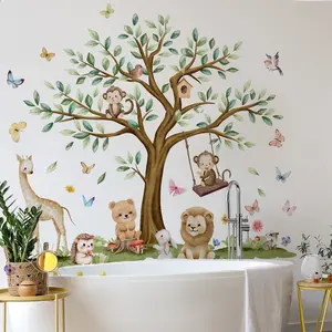 A set of three creative hand-painted wall stickers featuring big trees and animals, suitable for bedroom and living room background walls, home decoration stickers, self-adhesive, Decorative Wall Sticker, M17006-YK