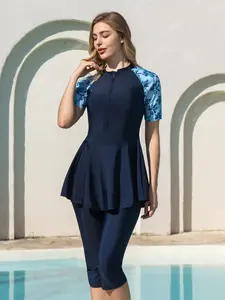 Women's Muslim Ramadan Short Sleeve Seven-Point Pants Two-Piece Set, Conservative Middle Eastern Bikini Swimwear for Summer Beach Vacation