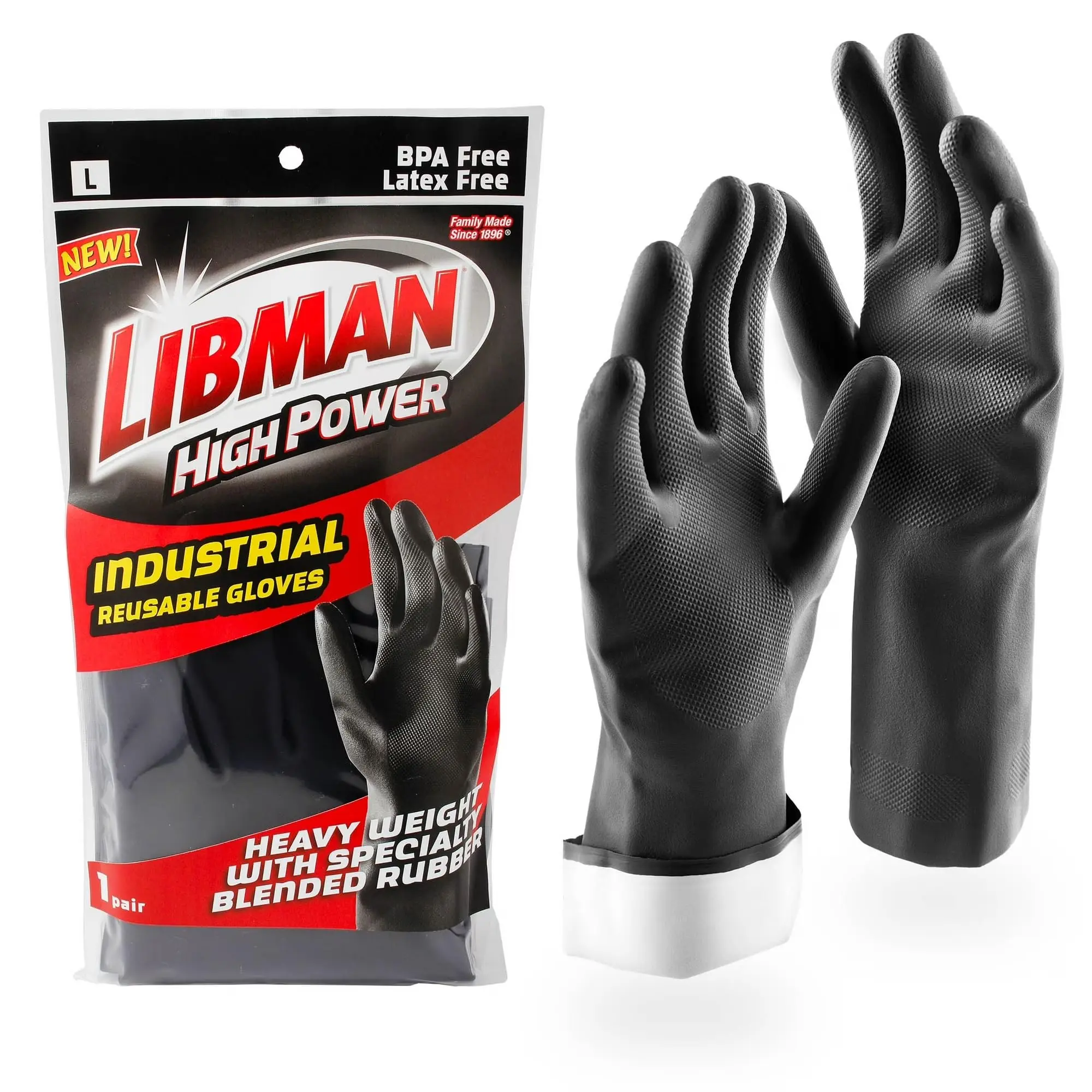 Libman Heavy Duty Black Rubber Gloves for Industrial Cleaning, Chemical Resistant, Reusable Mechanic Grip