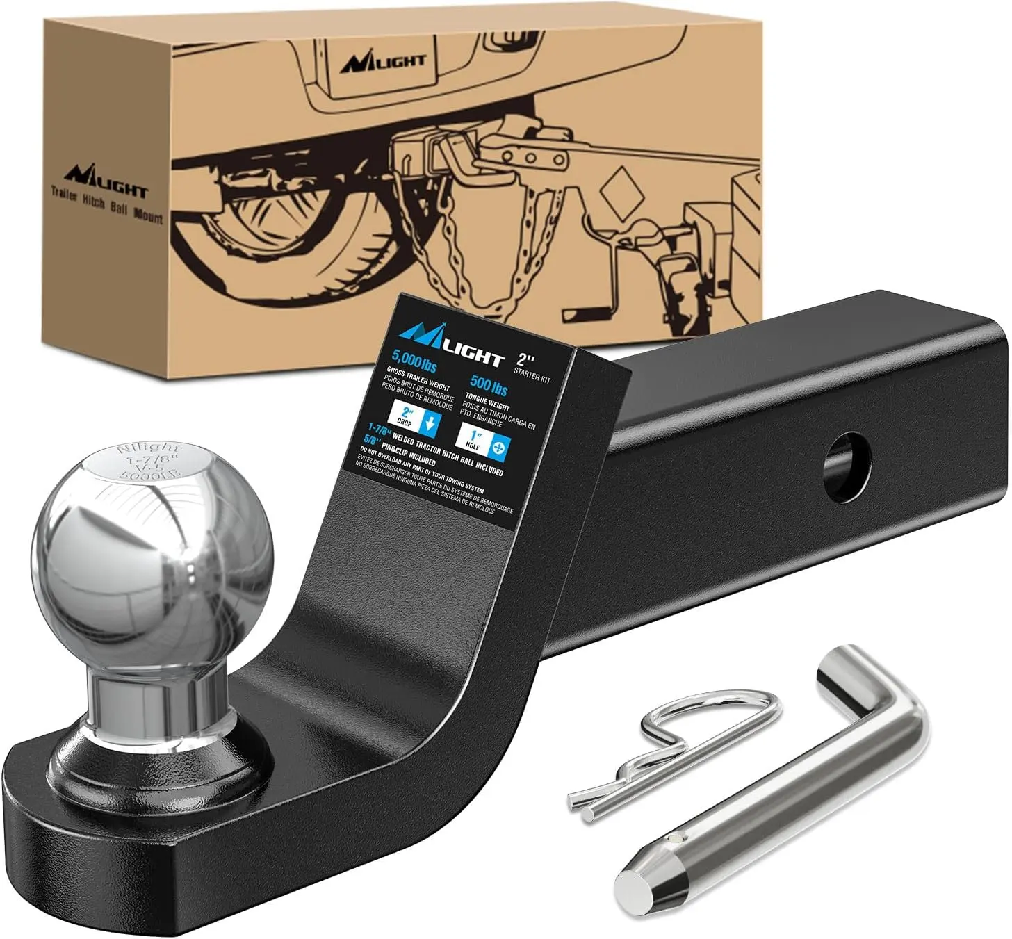 Nilight Fusion Trailer Hitch Mount with 1-7/8 Inch Trailer Ball & 5/8" Hitch Pin Clip, Fits 2-Inch Receiver 5000 lbs 2" Drop, Trailer Hitch Accessories, Powder Coated