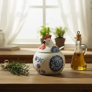 Cute Chick-Themed Ceramic Seasoning Storage Jar with Lid and Spoon, Sealed Moisture-Proof Kitchen Jar, Creative Home Decoration Gift, Home Essentials Storage Bottles