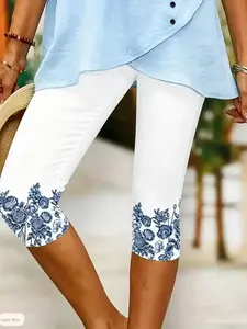 Women's High Elasticity Seven-Quarter Pants, Hawaiian Style, Knee-Length Mid-Waist, Printed Pattern, Breathable Soft, Casual Daily Wear