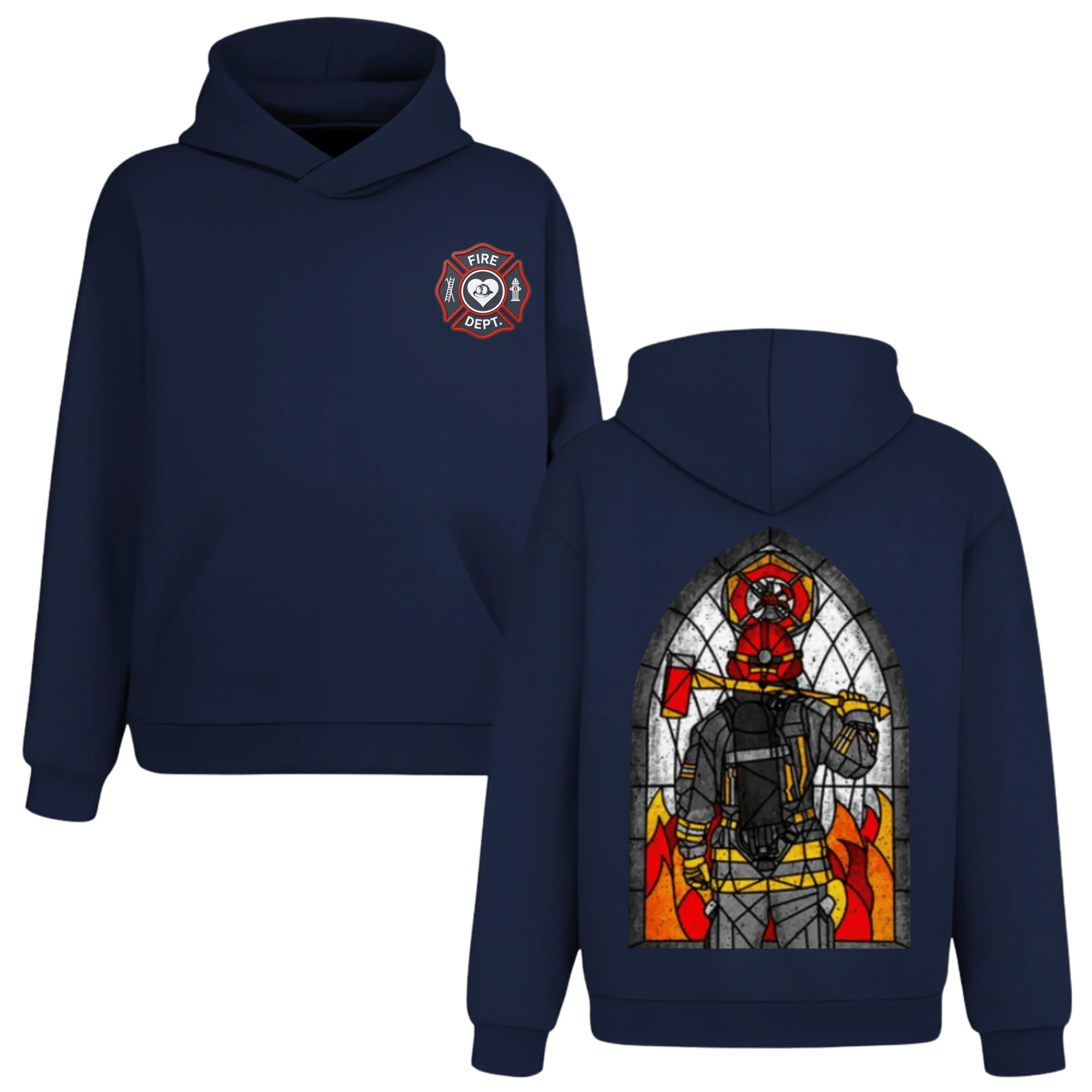 Stained Glass Firefighter Axe Fireman Hoodie, 2 Sides, Fire Dept Maltase Cross Jumper