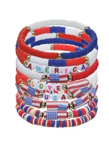 9Pcs American Flag Bracelet Patriotic Gifts Clay Beaded Stretch Red White and Blue Bracelets 4th of july Patriotic Jewelry for Women Men