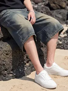 Men's Summer Washed Denim Shorts, American High Street Mid-Waist Loose Straight Fit, Casual Streetwear Five-Inch Pants