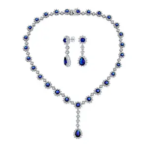 Royal Blue CZ Halo Simulated Sapphire Necklace Earrings Set