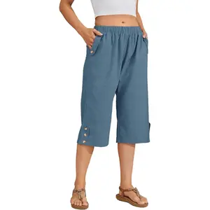 WROLEM Women Summer Capri Pants Casual Wide Leg Elastic Waist Lightweight Cropped Loose Pants with Pockets linen shorts