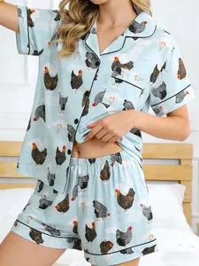 Women's 2-Piece Pajama Set, Casual Fitted Sleepwear & Loungewear, All-Over Print Chicken Design, Short Sleeve & Shorts, Spring Summer Fall Winter Wear Pjs