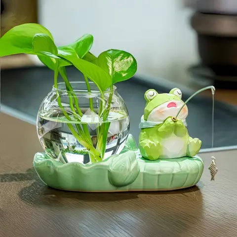 Cute Fish Pond Hydroponic Flower Pot - Ceramic Cat/Frog Shaped Decorative Item without Plants, Office Green Culture Vase, Lazy Hydroponic Set, Desktop Healing Gift, Hydroponic Planters, Indoor Plant Pots, Ceramic Pots For Plants, Unique Pots