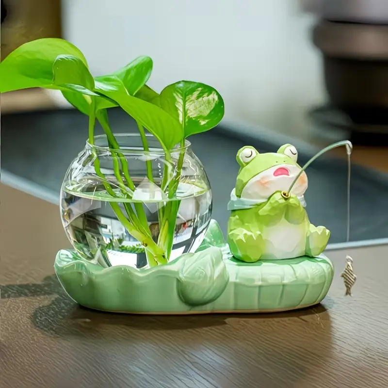 Cute Fish Pond Hydroponic Flower Pot - Ceramic Cat/Frog Shaped Decorative Item without Plants, Office Green Culture Vase, Lazy Hydroponic Set, Desktop Healing Gift, Hydroponic Planters, Indoor Plant Pots