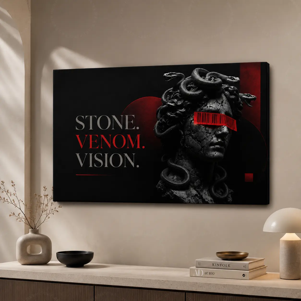 Stone Venom Vision Snake Statue Wall Art Poster, Dark Gothic Serpent Aesthetic Canvas Print, Red & Black Dramatic Home Decor, Gaming Room Wall Art, Office Poster, Bedroom Decor,wall decor,poster.