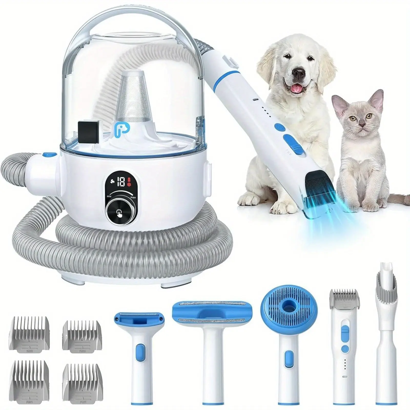 Professional Dog & Cat Grooming Kit with 2L Vacuum Suction, Groomer Tools, 4 Combs, 16 Adjustable Gears, Low Noise, Long Battery Life Pet Hair Dryer