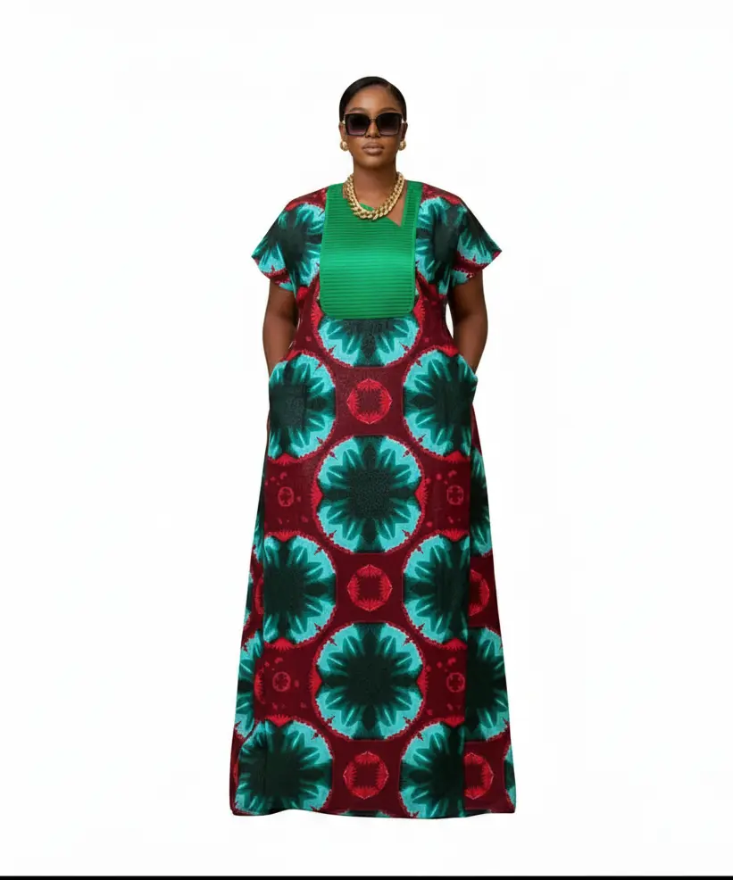 ISA Luxury African Ankara Print Long Dansiki Kaftan/ Boubou Maxi Dress With Pleated Contrast Bib Detail - 1 piece boubou