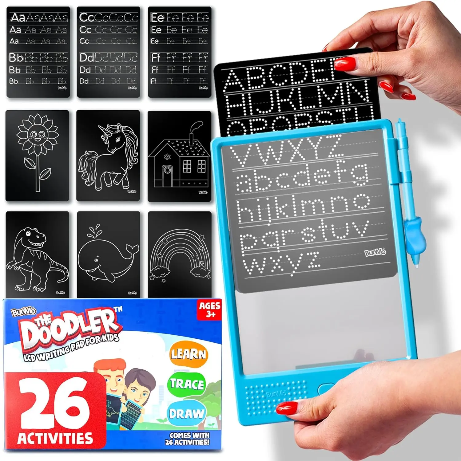 BUNMO Doodle & Writing Pad for Kids | 26 Insertable Tracing Activities to Draw & Learn to Write Letters, Numbers & More