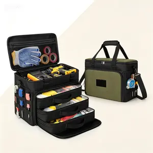 Professional Heavy Duty Tool Bag with 3 Clear Window Removable Cases, Multi-Compartment Tool Tote with Molle Webbing, Detachable Shoulder Strap and Reusable Storage System, Black/Green