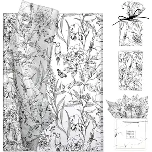 Floral Bird Tissue Paper Bulk,  Black & White Flower Tissue Paper for  Bags Wrapping Crafts, Elegant Art Packing Supplies for Wedding, Birthday, Holidays Decor,30 Sheets 20x14in