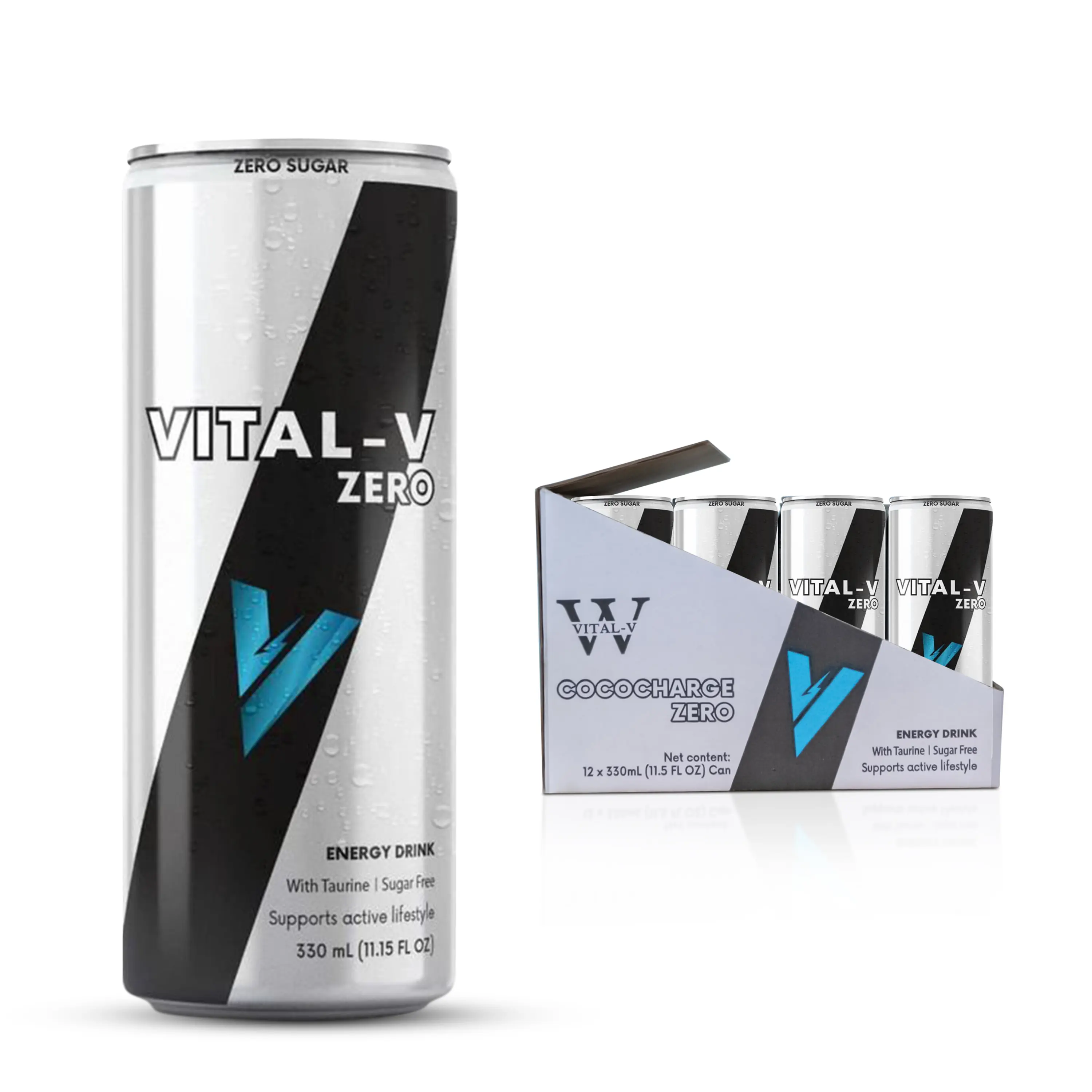 Vital-V Sugar-Free, Low-Calorie, No Added Sugar Energy Drink Cans (12-Pack, 11.15 fl oz) - 105 mg Caffeine, Taurine, B Vitamins Including B5, for Adults