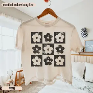 Comfort Colors Boxy Crop Top Checkered Flowers Crop Tee Boho Floral Boxy Tee Gift For Mom Spring T Shirt Trendy Floral Cropped Tee