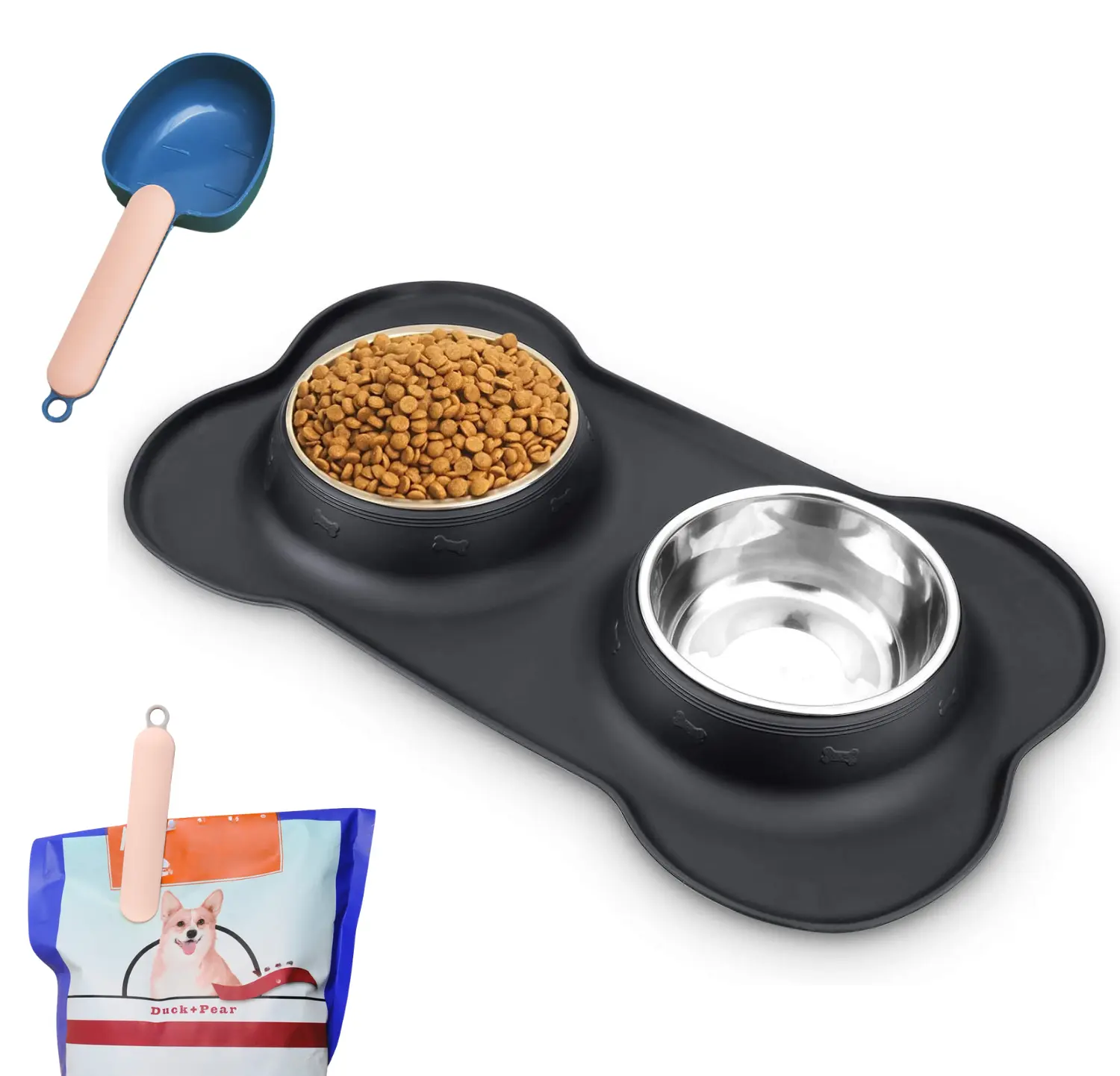 1Set Dog Food Bowls Stainless Steel & Water Dish with 1Pc Spoon Kit, No-Spill and Non-Skid Feeder Bowls with Dog Food Dish for Small Medium Large Size,Dogs,Cats,Puppy Pets