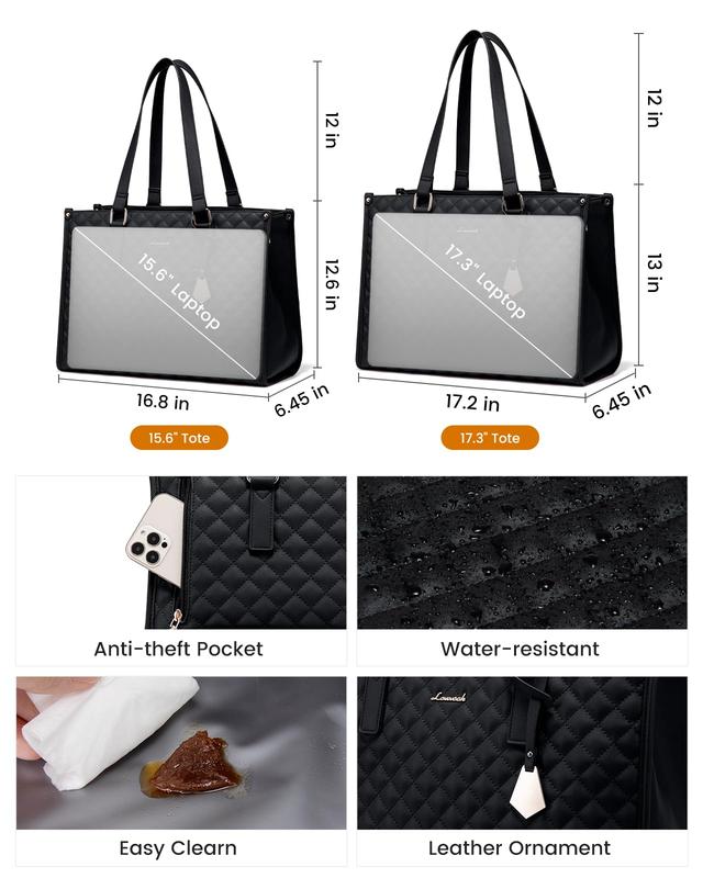Large Women's Lunch Bags with Insulated Compartment 15.6" Laptop Tote Bag with Leakproof Lunch Box Pocket Work Bag Handbag Black Quilted Design Travel Essentials