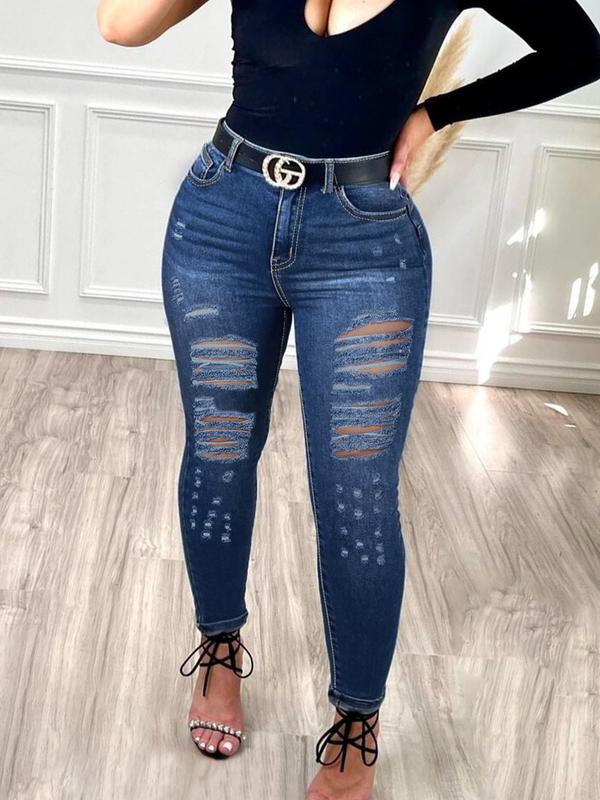 Plus Size High Waisted Denim Jeans, Sexy Tight-Fitting Casual Ripped Skinny Pants, Washable Stretchy Women's Fashion for All Seasons