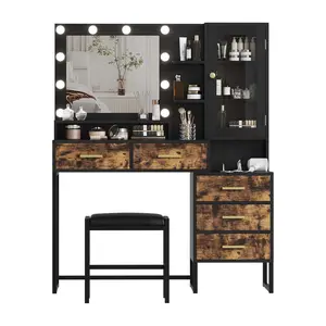 53.5" Large Vanity Desk,Makeup Vanity with Mirror & Lights & Led Bulbs, Makeup Table with 5 Drawers,Vanity Table with Charging Station- Rustic Brown, girl