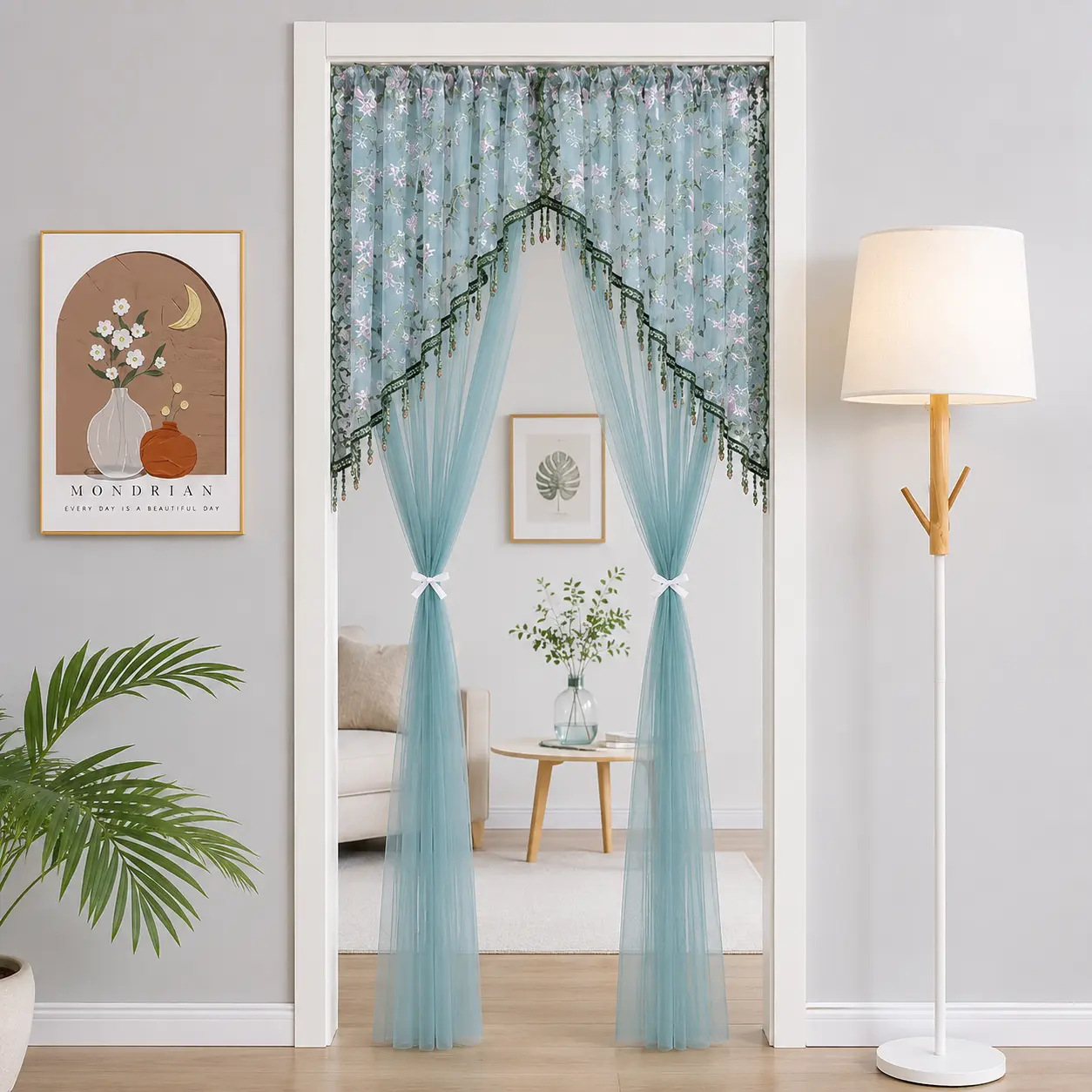 Transparent floral embroidered door curtain/window curtain; romantic lace room divider curtain with tassels and ties, suitable for doorways, bedrooms, closets, dorm rooms, and apartment decor