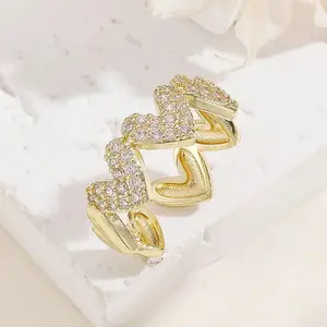 Women's Heart-Shaped Open Promise Ring - KC Golden Plated Water Plating, Zirconia Inlay Y2K Costume Jewelry, Mother's Day Gift for Girlfriend